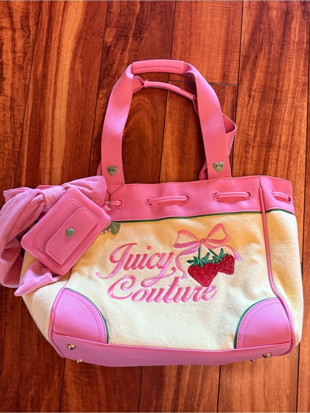 Juicy Couture Pink and Cream Strawberry Embroidered Tote
